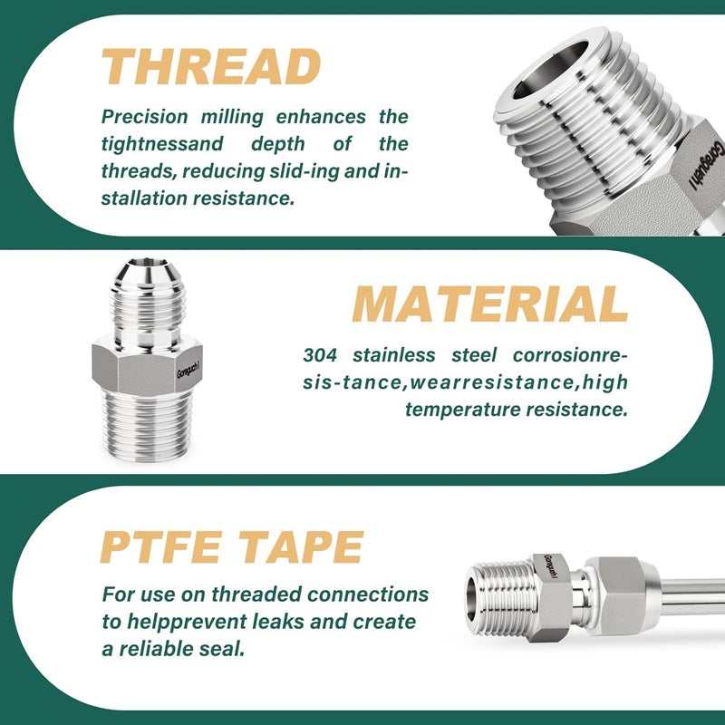 Goraguchi 5PCS 304 Stainless Steel Forging JIC Flare Tube Fittings, 1/2" JIC Male x 1/2" NPT Male, Half Union, with Protection Cover, for Fuel/Airl/Water/Gas/Oil - Image 4